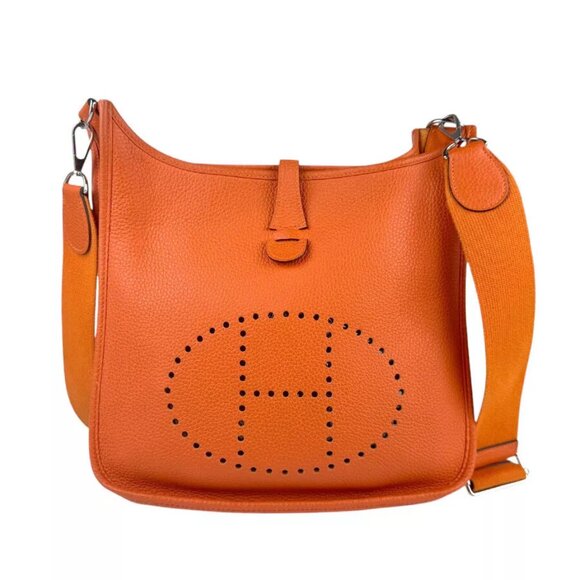 Auth HERMES Evelyne III PM Shoulder Bag Orange/Silver Taurillon Clemence - n1127 - Picture 1 of 13